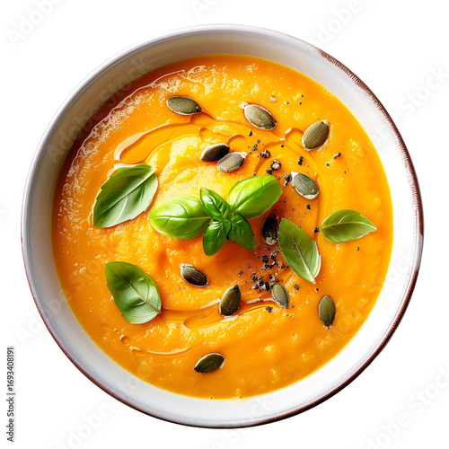 Pumpkin soup with seeds basil and olive oil in white bowl top view  
