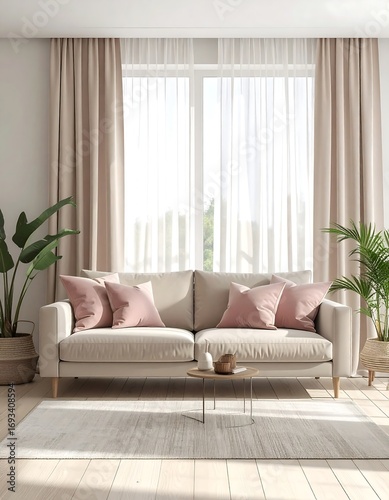 Modern beige living room with pink accents and large windows.