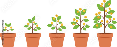Vector illustration of growing money tree in pots symbolizing investment, financial growth, saving, profit increase, business success and wealth building.
