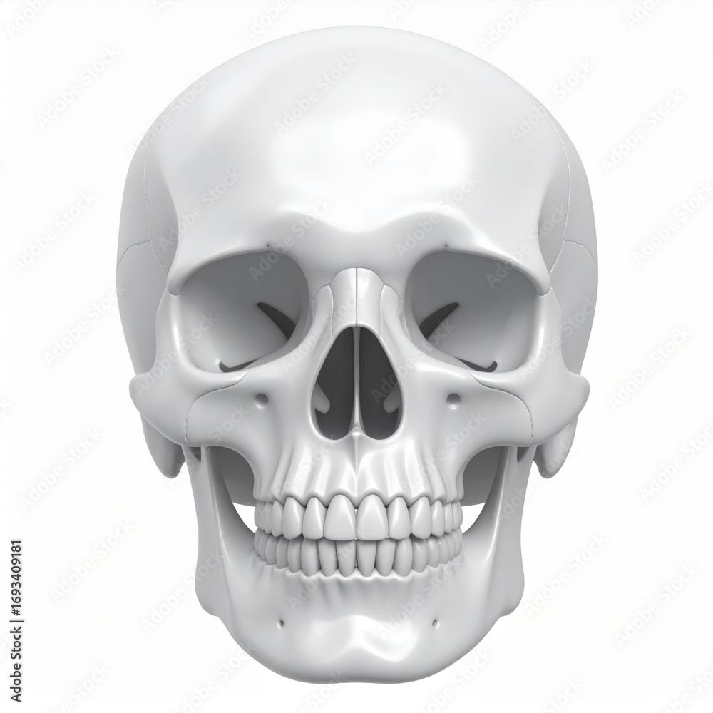 Obraz premium Frontal View of a Detailed White Anatomical Skull Isolated on White Background