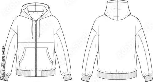 Zipper Hoodie Flat Fashion Sketch Showing Front and Back View with Pocket Details and Seam Lines for Apparel Design Template