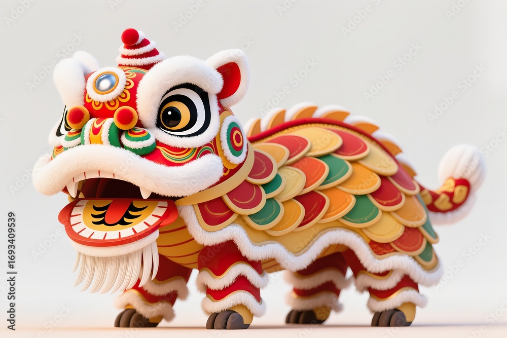 Naklejka premium A surreal, simple 3d artwork of a Chinese New Year Lion dancing, vibrant scales spilling outside edges with minimal design white background for cutout