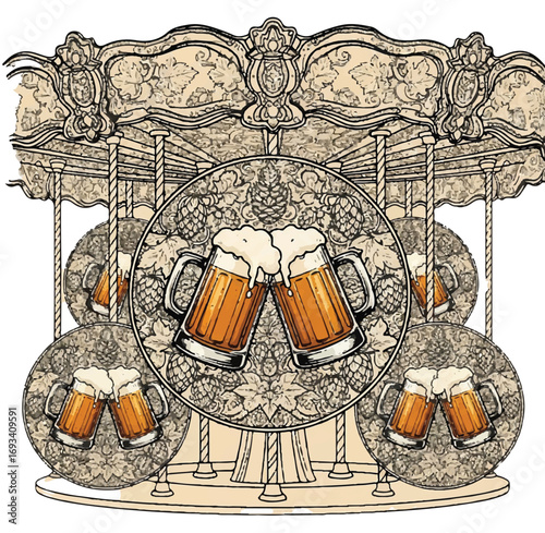 Illustration of two beer mugs clinking in a carousel setting, with floral and hop accents.