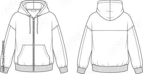 Zipper Hoodie Technical Flat Sketch Showing Front and Back View with Stitch Details for Fashion Design and Apparel Manufacturing Use
