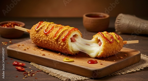 Close up Korean corn dog with melted cheese and sauce