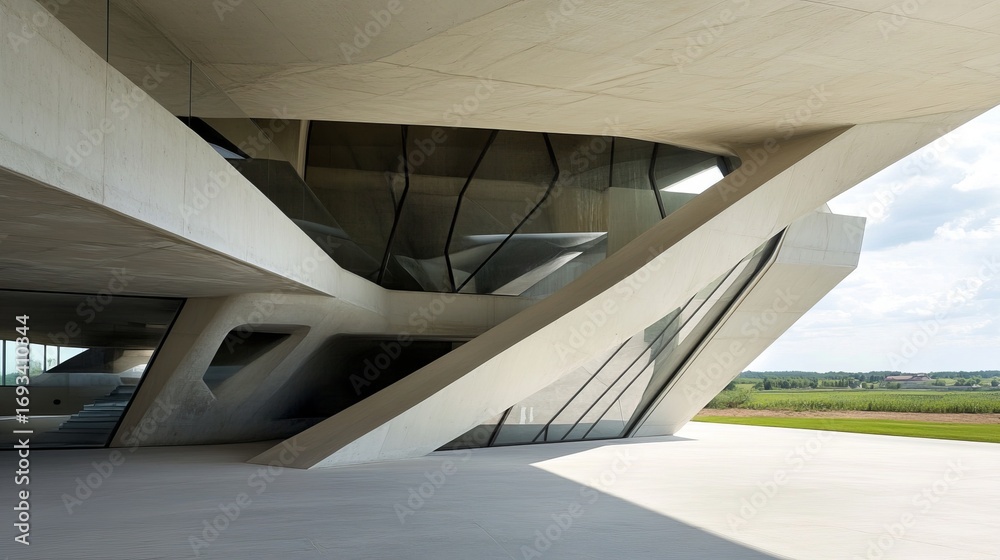Fototapeta premium Modern concrete building with angular design and large glass windows. Open space integrates interior & exterior