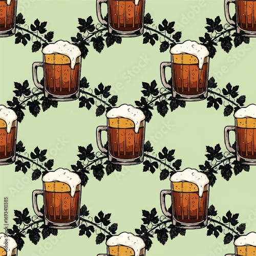 A seamless repeating pattern of frothy beer mugs surrounded by dark hop vines on a light green background.