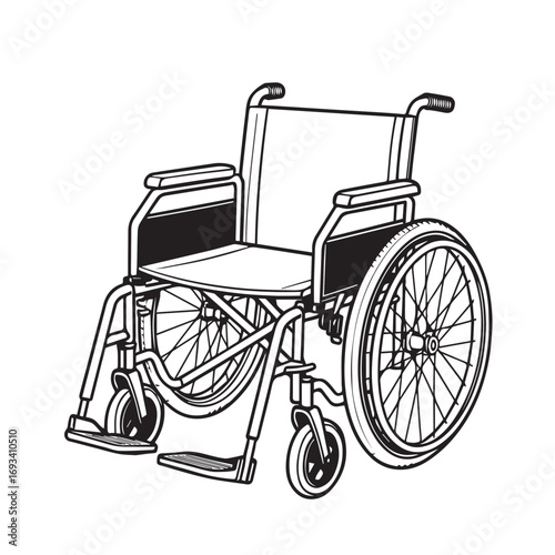 Vector illustration of a detailed wheelchair design, black and white with bold black outline, minimal style, perfect for medical graphics and accessibility projects.