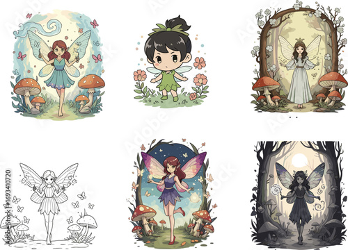 Cartoon fairy characters, magical forest scene, colorful fairy wings, cute fairies, enchanted forest, nature magic, flower fairies illustration
