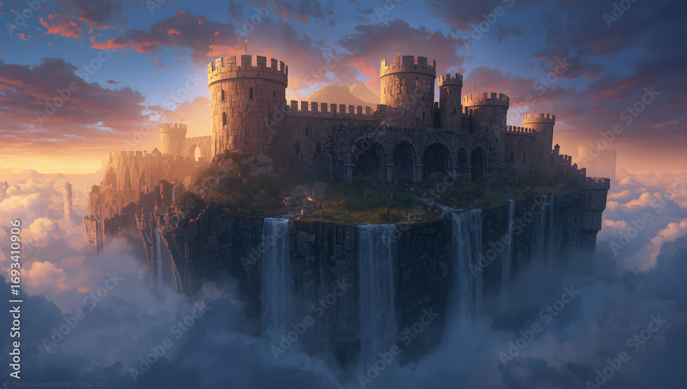 Fototapeta premium Ancient Floating Fortress Island With Waterfalls