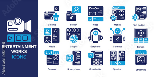 Entertainment Work icon set. Containing entertainment, communication, work, digital, and more. Solid vector icons collection. Vector illustration.