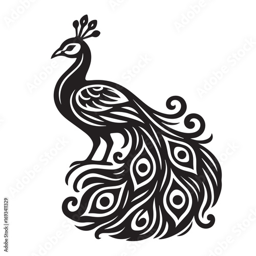 Vector representation of a simple peacock bird, shown in black and white with clear outline, providing elegant minimal appearance for artistic and cultural themes.