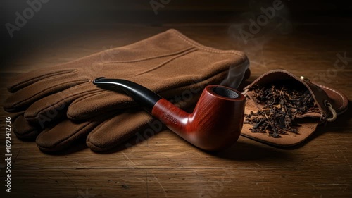 Vintage Smoker's Relaxation: Tobacco Pipe, Gloves, and Rustic Wood Background Still Life