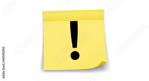 Bright yellow sticky note with a bold black exclamation mark, important warning or urgent reminder on isolated transparent background.