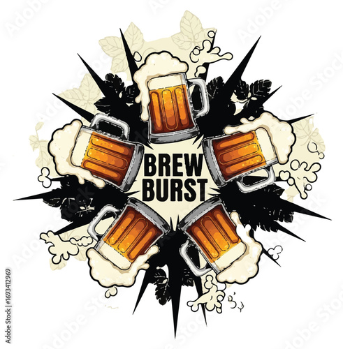 A dynamic logo design featuring five frothy beer mugs arranged in a circle around the text 'Brew Burst' with a black starburst and hops in the background.