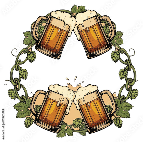 Four frothy beer mugs clinking in a circular hop vine wreath, celebrating beer culture and tradition.