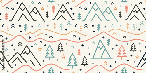 Whimsical hand drawn mountain and forest pattern with stars and wavy lines