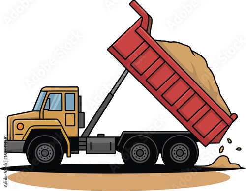 Cartoon dump truck unloading sand in a silhouette style banner