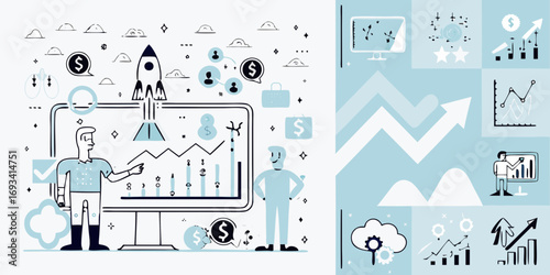 Business growth concept with people presenting financial charts and a rocket launching symbolizing success and startup