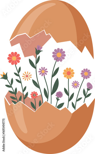 Delicate flowers blooming from a broken eggshell silhouette