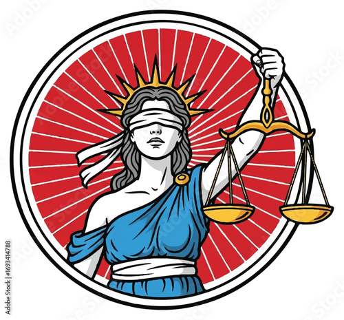 Lady Justice holding scales of justice, blindfolded, in a circular design.