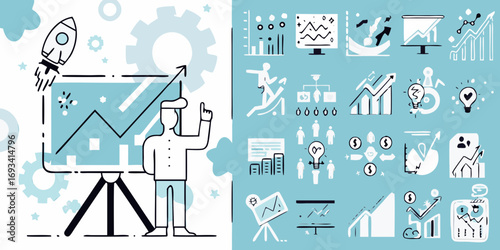 Business growth strategy and financial success with rocket launch and data analysis icons