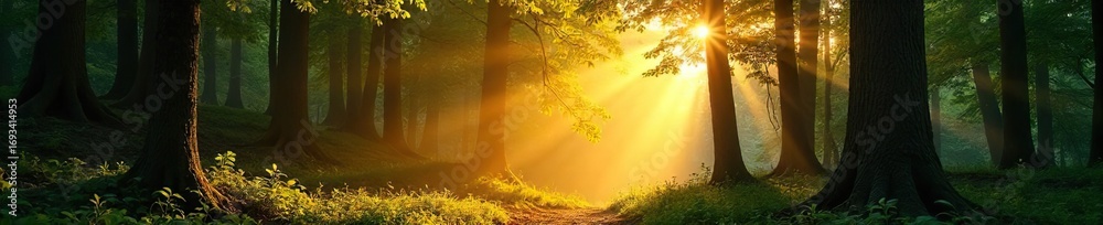Fototapeta premium Golden sunbeams pierce through gaps in a dense forest canopy, illuminating the forest floor with dappled light Perfect for nature, environmental, and serenity themes , yellow, wood