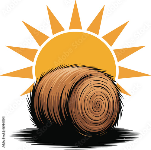 Cartoon hay bale under a bright sun silhouette