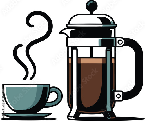 French press coffee maker and steaming hot beverage silhouette