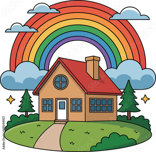 A house with a vibrant rainbow arcing across the sky silhouette