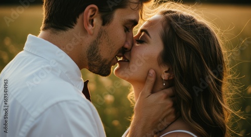 Romantic Couple Kissing at Sunset in a Field