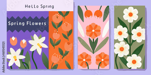 Collection of stylized spring flowers and floral patterns with hello spring text