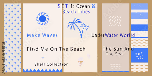 Set of ocean and beach vibes graphics featuring palm trees and underwater elements
