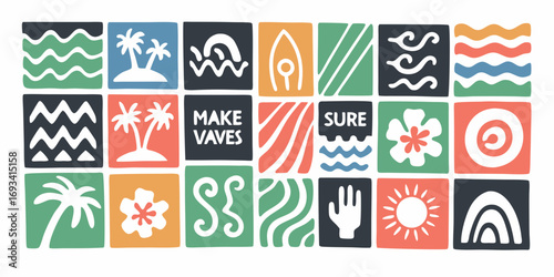 Collection of tropical and beach themed icons and symbols in a grid layout with vibrant colors