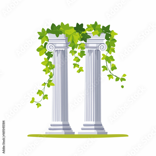 Marble greek columns with green ivy creeper isolated on white background. Stone pillars with climbing hedera vine.