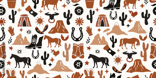 Boho western desert pattern with horses cacti mountains and cowboy boots
