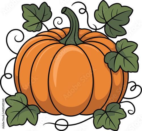 Autumn pumpkin with falling leaves and twisting vines silhouette