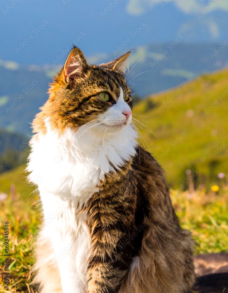 Obraz premium Fluffy cat on mountain meadow