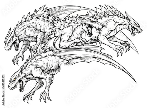 A detailed black and white illustration of a multi-headed dragon creature with sharp teeth and claws, depicted in a dynamic, aggressive pose.