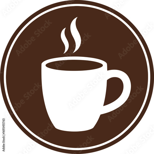 Steaming hot coffee cup silhouette inside a circular emblem