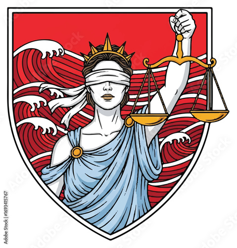 Lady Justice with blindfold and scales, set against a red wavy background within a shield emblem, symbolizing impartiality and the rule of law.