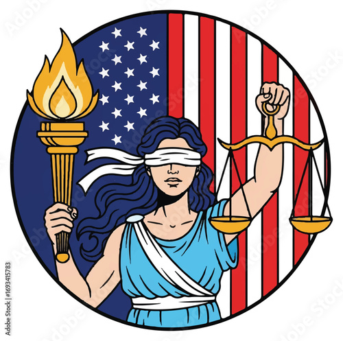 Illustration of Lady Justice with a blindfold, holding scales and a torch, set against the American flag.