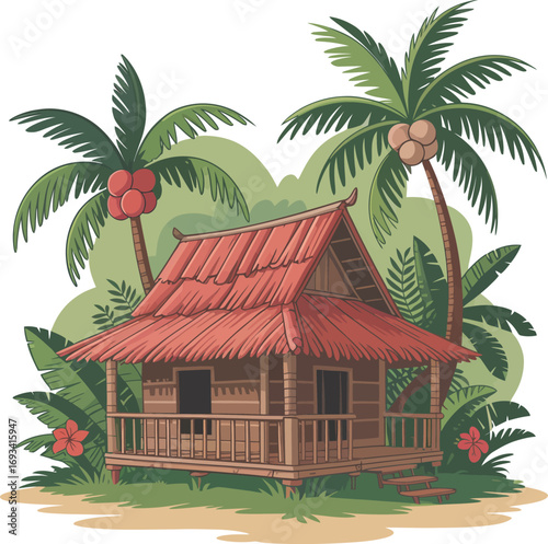Tropical hut palm trees beach scene cartoon silhouette