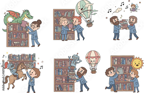 Children reading books with imaginative fantasy characters, library adventures, storytelling magic, creativity, learning fun, reading joy, kids sharing stories, playful bookshelf scenes.