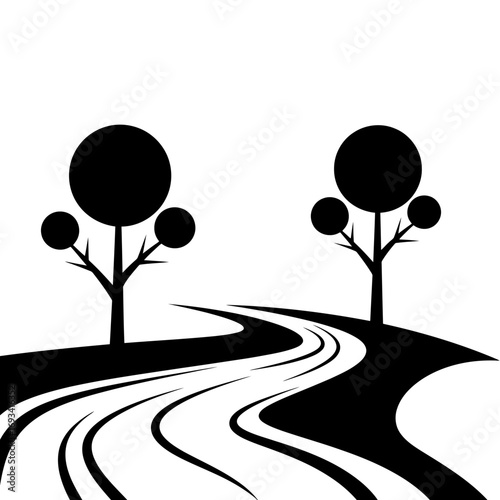 Vector art of black silhouette of an airport control tower with a small airplane taking off