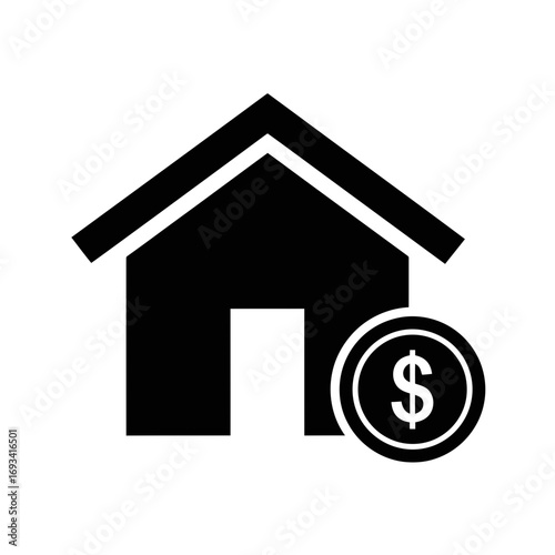 Vector art of black and white icon representing a house with a dollar coin, symbolizing real estate investment, home buying, or property finance