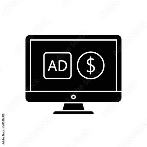 Vector art of computer monitor displaying an advertisement and a dollar sign, symbolizing online advertising and digital marketing revenue