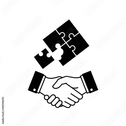 Vector art of business partnership concept with puzzle pieces coming together and a handshake