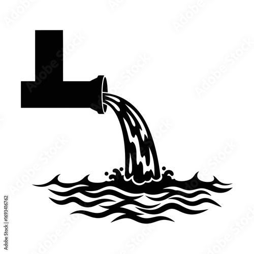 Vector art of black silhouette of a pipe discharging water into stylized waves