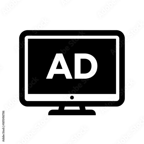 Vector art of black and white icon of a computer monitor displaying the letters ad, representing advertising or advertisement, isolated on a